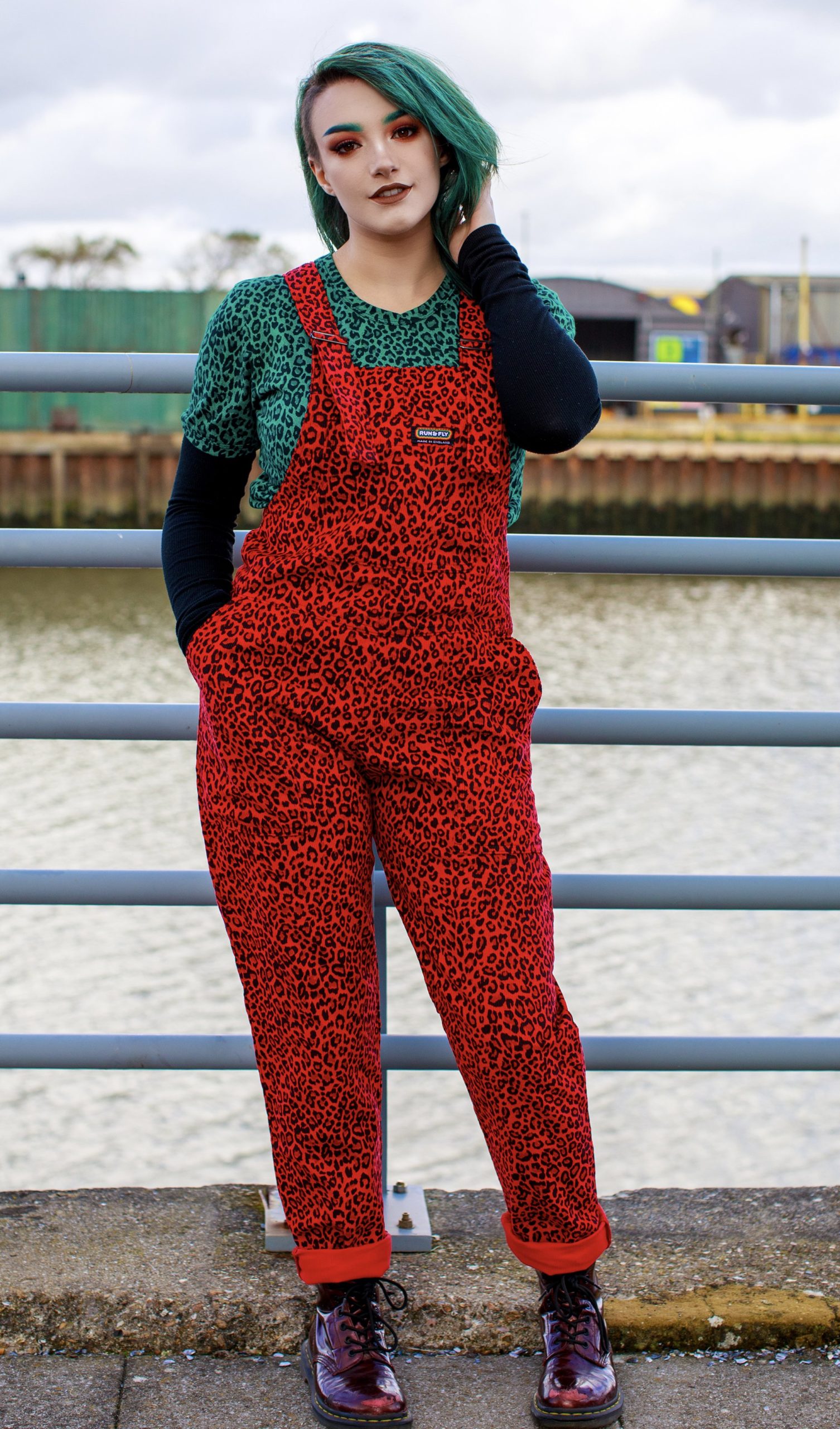 Run & Fly – Red Leopard Print Corduroy Dungarees – Riot Lounge