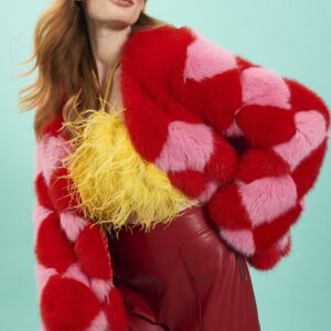 JAYLEY - Pink and Red Bamboo Faux Fur Cropped Jacket